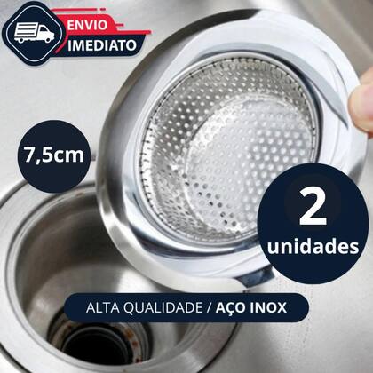 Imagem de Kit Ralo de Pia em Inox Borda e Peneira 2 Unidades Resistente 7,5cm