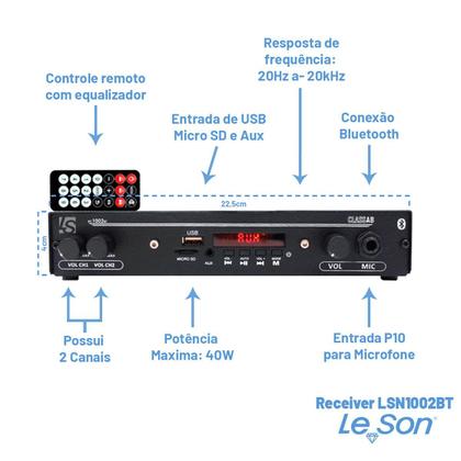 Imagem de Kit receiver Slim 1002bt Leson+6 Caixa Som Parede Preta Leson