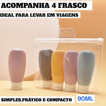 Imagem de Kit Recipientes com 4 Frascos Garrafinhas Potes Reutilizáveis e Laváveis 90ml de Silicone