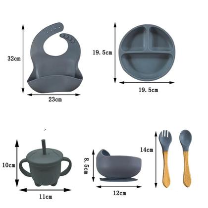 Imagem de Kit Refeição Bebê Silicone Colher Pratinho Babador Infantil Ventosa 6 Peças