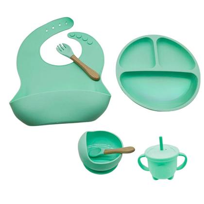 Imagem de Kit Refeição Bebê Silicone Colher Pratinho Babador Infantil Ventosa 6 Peças