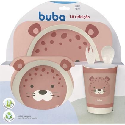 Imagem de Kit Refeição Em Bambu Onça Rosa Infantil 05 peças 16227 - Buba