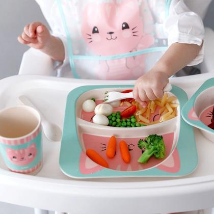 Imagem de Kit Refeição Infantil Em Bambu Gatinho Rosa Introdução Alimentar 13209 Buba