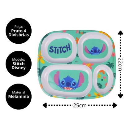 Kit Refeição Infantil Melamina Stitch Disney Pratos, Tigela, Copo