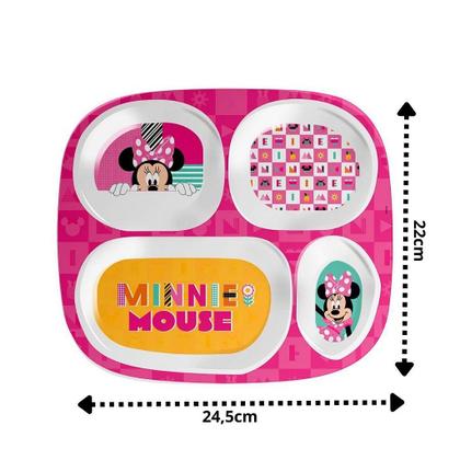 Imagem de Kit Refeição Infantil Minnie Disney 4 Peças Prato Divisória, Tigela e Copo Melamina - Tuut