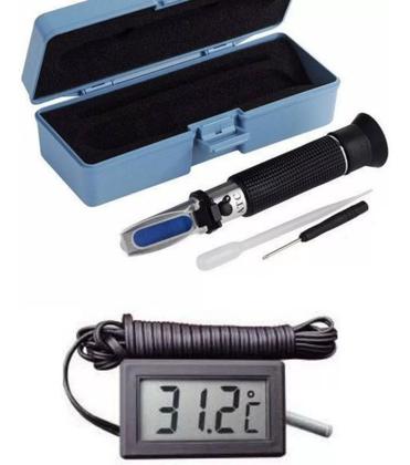 Imagem de Kit Refratômetro Para Água Salgada Medidor De Salinidade e Densidade Com Termômetro Externo Preto