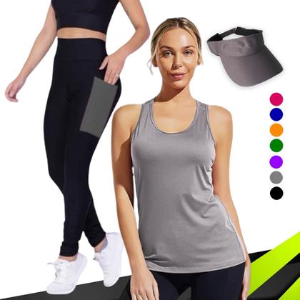 Imagem de Kit  REGATA DRY Tecido Furadinho + CALÇA leg LEGGING BOLSOS + Viseira DRY Conjunto Fitness 1006