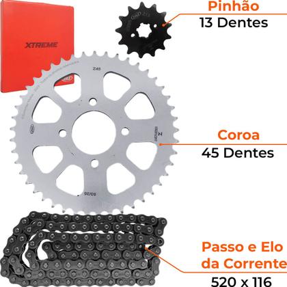 Imagem de Kit Relação Transmissão Dafra Apache 200 Rtr 2017 Em Diante Com Retentor Vaz+Maxx Premium