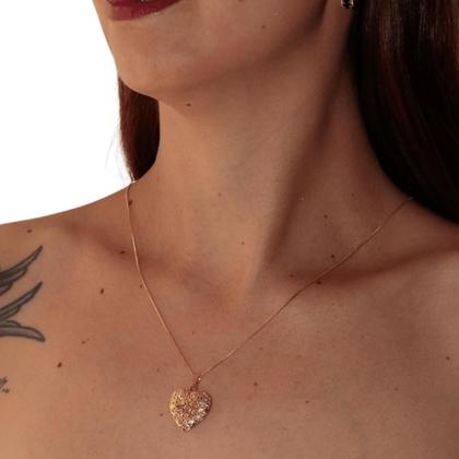 Imagem de Kit Relicário com fotos coração colar e brinco argola ouro 18k Banhado