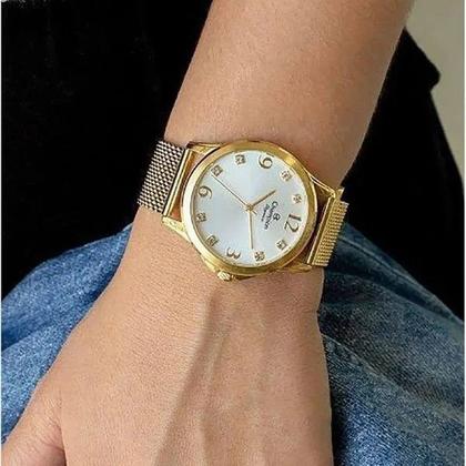 Imagem de Kit Relógio Champion CN27465E Feminino Dourado Colar Brinco