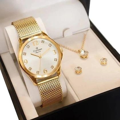 Imagem de Kit Relógio Champion CN27465E Feminino Dourado Colar Brinco
