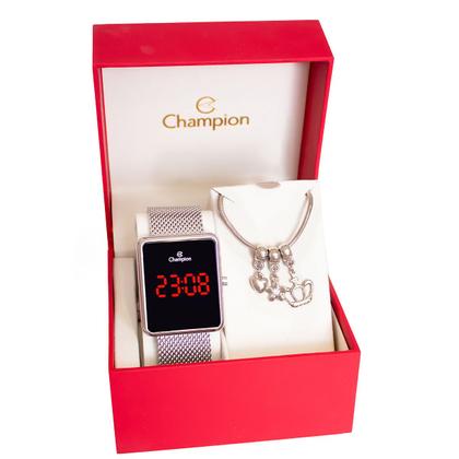 Imagem de Kit Relógio Champion Feminino Digital Quadrado Prata CH40083T + Pulseira Berloques