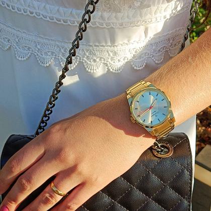 Imagem de Kit Relógio Champion Feminino Dourado Original à Prova D'Água com NF Garantia 1 Ano e Pulseira 590G