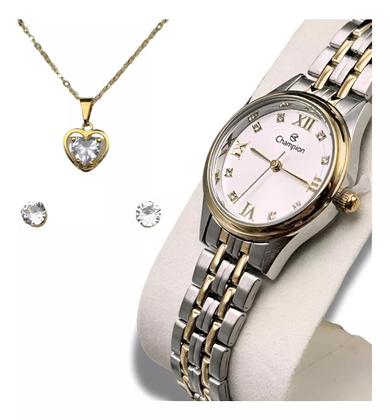 Imagem de Kit Relógio Champion Feminino Pequeno com Colar e Pulseira Original Prata e Dourado com Nota Fiscal
