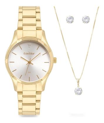 Imagem de Kit Relógio Condor Feminino Redondo Resistente Água Analógico Casual Dourado COPC21AEAD/K4B