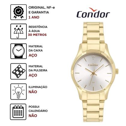 Imagem de Kit Relógio Condor Feminino Redondo Resistente Água Analógico Casual Dourado COPC21AEAD/K4B