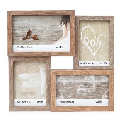 Imagem de Kit Relógio de Parede 30 cm Mecanismo silencioso Quartz e Porta Retrato para 4 Fotos em Madeira