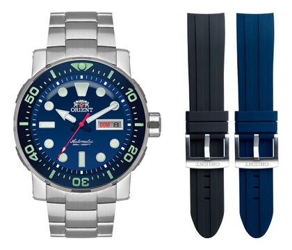 Imagem de Kit Relógio de Pulso Orient Masculino Automático Poseidon Prova D água 300M Toca de Pulseira Silicone Aço Inox Prata F49SS014
