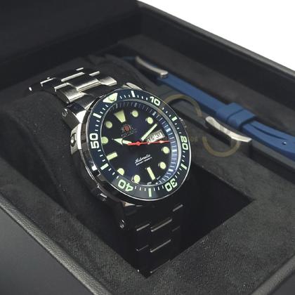 Imagem de Kit Relógio de Pulso Orient Masculino Automático Poseidon Prova D água 300M Toca de Pulseira Silicone Aço Inox Prata F49SS014