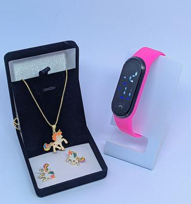 Imagem de Kit Relógio Digital Led Bracelete Silicone Ajustável Prova água Esporte + Conjunto Colar e Brincos Infantil Menina Moda