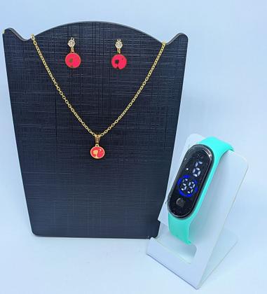 Imagem de Kit Relógio Digital Led Bracelete Silicone Ajustável Prova água Esporte + Conjunto Colar e Brincos Infantil Menina Moda