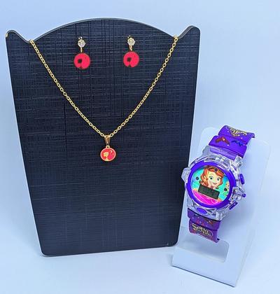 Imagem de Kit Relógio Digital Pisca Luz Led Colorido Toca Musica Princesas Disney + Conjunto Colar e Brincos Infantil Tendência