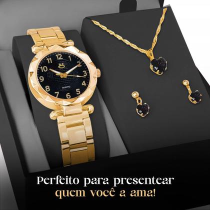 Imagem de Kit Relógio Feminino Aço Preto + Colar + Brinco + Caixa R60