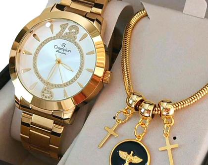 Imagem de Kit relogio feminino champion ch24259d com semi joia