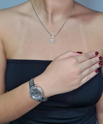 Imagem de Kit Relógio Feminino com Brilho, Brincos, Colar, Pulseira e Anel para Festas, Prateado