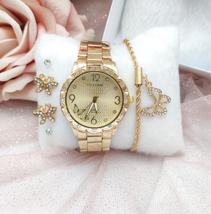 Imagem de Kit Relógio Feminino Pallyjane com Pedras Zircônias Prova D'água  Aço Inox com Pulseira e Brincos Tendência Moda Quartz