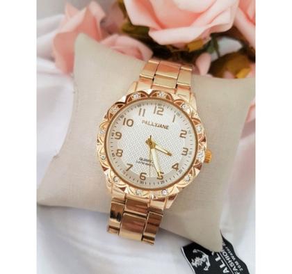 Imagem de Kit Relógio Feminino Pallyjane com Pedras Zircônias Prova D'água  Aço Inox com Pulseira e Brincos Tendência Moda Quartz
