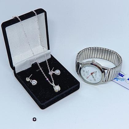 Imagem de Kit Relógio Feminino Quartz aço inox Pulseira elástica analógico Redondo + Conjunto Colar e Par Brincos Folheado a Prata