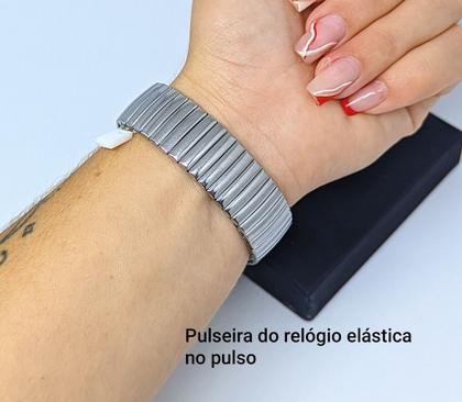 Imagem de Kit Relógio Feminino Quartz aço inox Pulseira elástica analógico Redondo + Conjunto Colar e Par Brincos Folheado a Prata