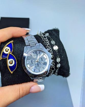 Imagem de Kit Relógio Feminino Todo Aço Inox Rose Gold Dourado Prata Quartz + Pulseira e Brincos + Caixa Tendência Moda
