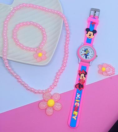 Imagem de Kit Relógio Infantil Analógio Menina Princesa Disney Desenho 3D Silicone Quartz + Conjunto Colar e Brincos Anel Miçangas