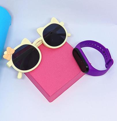 Imagem de Kit Relógio Infantil Bracelete Silicone Ajustável Prova água + Óculos de Sol Menina Gatinho Gato com Laço Flexível Moda