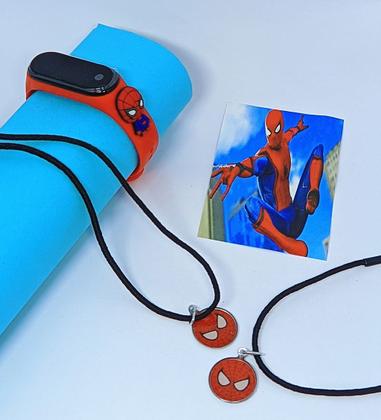 Imagem de Kit Relógio Infantil Digital Led Bracelete Silicone 3D Super Heróis Disney Homem aranha + Colares Amizade Best Friends