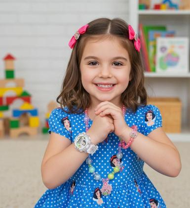 Imagem de Kit Relógio Infantil Digital Led Pisca Luz Toca Musica Princesa + Colar Pulseira Miçangas 2 Presilha de Cabelo Lacinho C