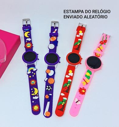 Imagem de Kit Relógio Infantil Digital Led Redondo Pulseira Silicone Desenho animado 3D + Óculos de Sol Coração Hello Kitty Laço