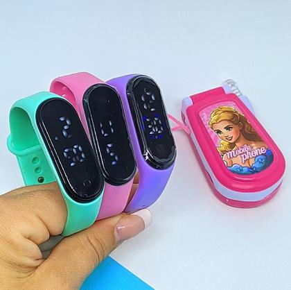 Imagem de Kit Relógio Infantil Digital Menina Prova água Natação Sports Watch + Celular Brinquedo Toca Musica Som Luz Led