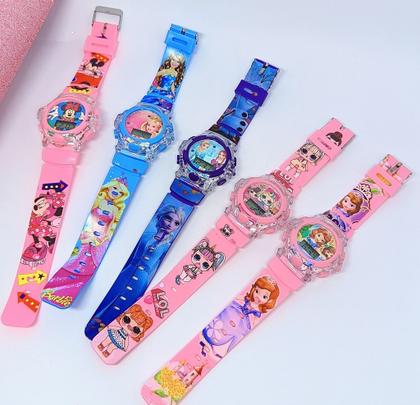 Imagem de Kit Relógio Infantil Digital Pisca Luz Led  Princesas Barbie Frozen + Óculos de Sol Gatinho com Laço Flexível Moda