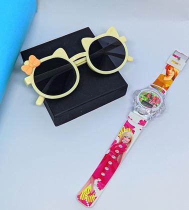 Imagem de Kit Relógio Infantil Digital Pisca Luz Led  Princesas Barbie Frozen + Óculos de Sol Gatinho com Laço Flexível Moda