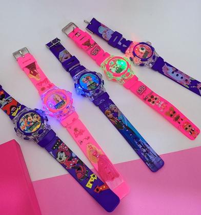 Imagem de Kit Relógio Infantil Digital Pisca Luz Led  Princesas Barbie Frozen + Óculos de Sol Gatinho com Laço Flexível Moda
