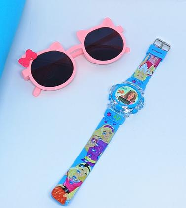 Imagem de Kit Relógio Infantil Digital Pisca Luz Led  Princesas Barbie Frozen + Óculos de Sol Gatinho com Laço Flexível Moda
