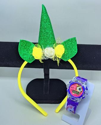 Imagem de Kit Relógio Infantil Digital Pisca Luz Led Toca Musica Desenho Disney Unicórnio + Tiara Arquinho Cabelo Capricórnio