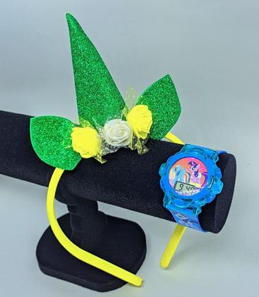 Imagem de Kit Relógio Infantil Digital Pisca Luz Led Toca Musica Desenho Disney Unicórnio + Tiara Arquinho Cabelo Capricórnio