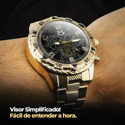 Imagem de Kit Relógio Masculino Dourado Fundo Preto Vidro Blindado Quartz + Corrente Groumet Pingente Pai Nosso Cruz Católico + Pulseira Groumet Banhado Ouro