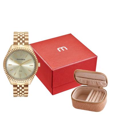 Imagem de Kit Relógio Mondaine Feminino Cristal Dourado 32806LPMKDE1K1