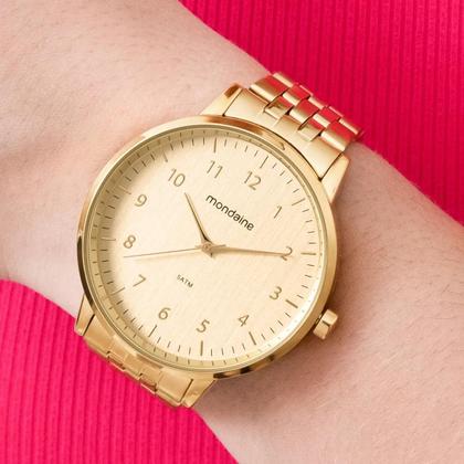 Imagem de Kit Relógio Mondaine Feminino Kit Semi Joia Banhado Ouro Correia Dourado Bisel Dourado Fundo Dourado