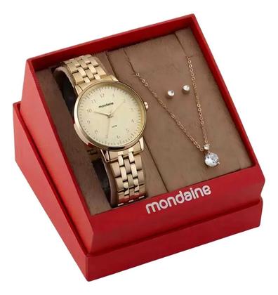 Imagem de Kit Relógio Mondaine Feminino Kit Semi Joia Banhado Ouro Correia Dourado Bisel Dourado Fundo Dourado